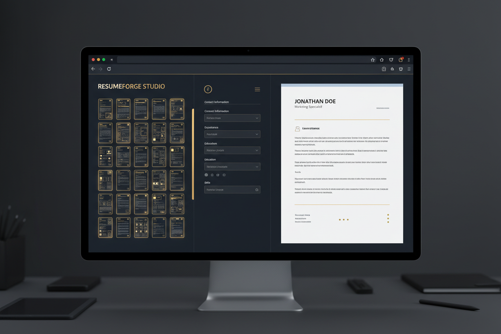 ResumeForge Studio resume builder interface with live preview and 20 professional templates