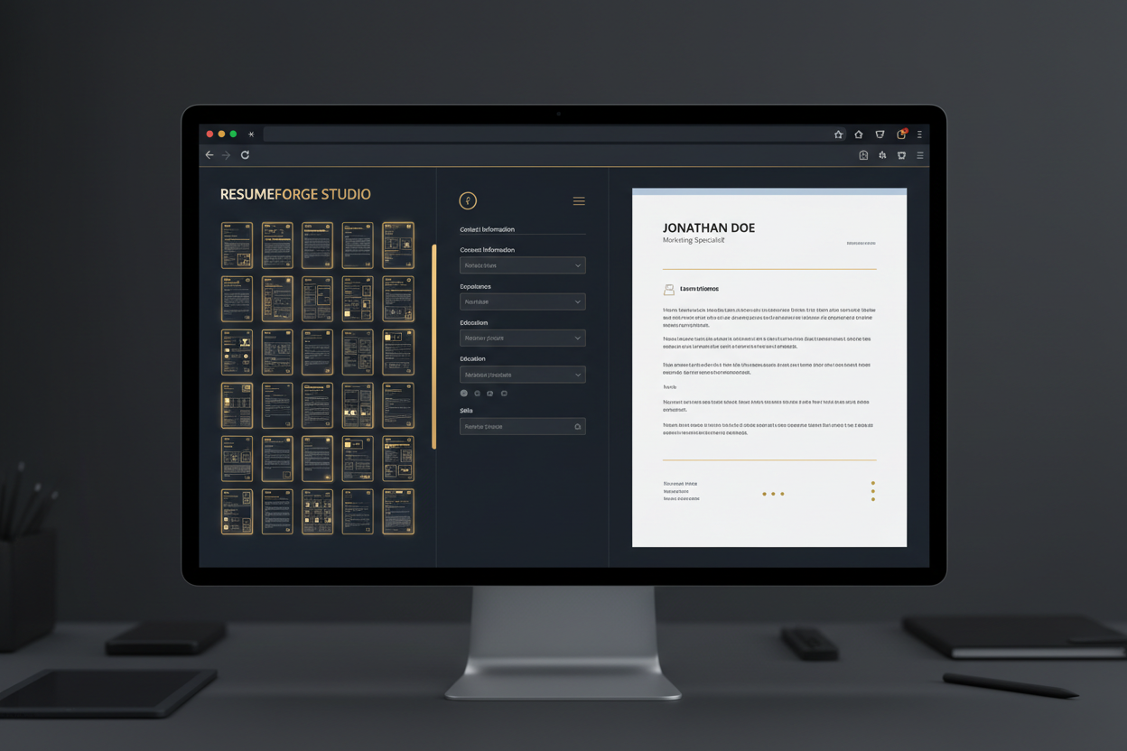 ResumeForge Studio resume builder interface with live preview and 20 professional templates
