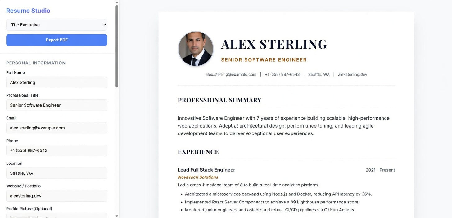 ResumeForge Studio — Resume Builder with 20 Pro Templates + Instant PDF Export